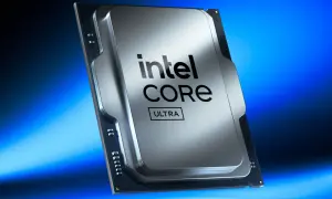 Procesor Intel Core Ultra, zapowiedź technologii Intel Arrow Lake, błyszczący metal, niebieskie tło.