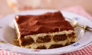 Ein Stück cremiges Tiramisu, das klassische italienische Dessert, bestäubt mit Kakao.