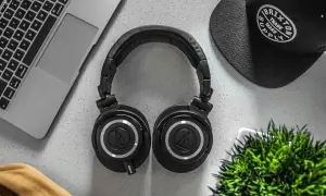 Słuchawki, laptop, czapka i roślina na blacie.