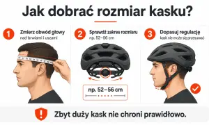 Jak dobrać kask rowerowy? Zmierz obwód głowy, sprawdź zakres rozmiaru i dopasuj regulację. Kask nie może się przesuwać.