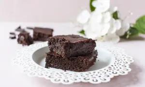 Zwei gestapelte, saftige low carb brownies auf einem weißen Teller, daneben zerbrochene Schokostücke und im Hintergrund weiße Blumen.