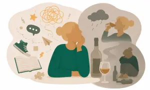 Tankar kring adhd och alkohol. En person funderar över sina känslor, med symboler för kaos och distraktioner. I bakgrunden syns bilder av drickande och ensamhet.