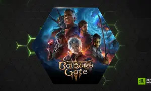 Postać z Baldur's Gate 3 w centrum, otoczona innymi bohaterami. Dowiedz się, jak działa GeForce Now, by grać w tę grę.