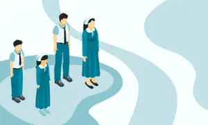 Uważaj na objawy sekciarstwa w ruchach religijnych. Ilustracja przedstawia grupę ludzi w jednolitych strojach, symbolizującą potencjalne zagrożenie.