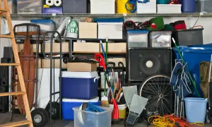 Organizzazione garage con idee cantina fai da te: scatole, attrezzi, slitta, ruote, casse audio e contenitori blu.