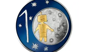 Złoty robot na Księżycu, obok cyfry 1 i gwiazdek. Taka grafika może pojawić się na monecie wyprodukowanej przez mennicę.