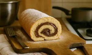 Un délicieux roulé au Nutella, saupoudré de sucre glace, prêt à être dégusté. Une gourmandise parfaite pour le goûter.