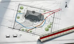 Plan zagospodarowania terenu (mpzp) z zaznaczonym domem, drogami, drzewami i instalacjami. Linijka geodezyjna obok.