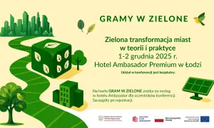 Ilustracja z zielonym miastem, drogą, kostką z liściem i panelem słonecznym.