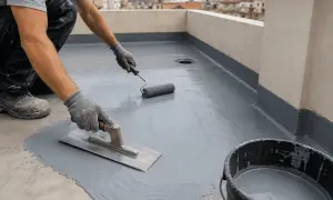 Aplicación de impermeabilizante para aislamiento térmico en terrazas transitables. Un trabajador con guantes usa rodillo y llana.