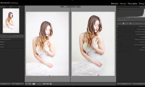 Kobieta w białej sukni, porównanie przed i po obróbce zdjęć w programie Lightroom.