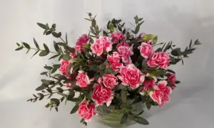 Piękny bukiet różowych goździków i gałązek eukaliptusa, starannie ułożony w gąbce florystycznej.