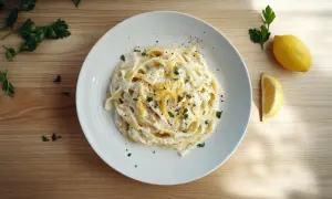 Ein Teller cremiger Spaghetti mit Zitronensauce, garniert mit Petersilie und Zitronenschale. Daneben liegen eine ganze Zitrone und eine Zitronenspalte.