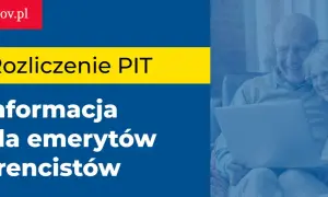 Rozliczenie PIT dla emerytów i rencistów. Uśmiechnięci seniorzy korzystają z laptopa, by wypełnić deklarację podatkową.
