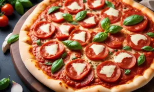 En läcker pizza med tomatsås, pepperoni och färsk basilika. Perfekt för en mysig kväll.