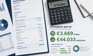 Busta paga con RAL di 70.000€, stipendio netto mensile di 3.669€ e annuale di 44.033€.