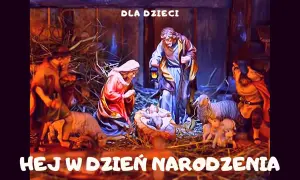 Hej w dzień narodzenia! Szopka bożonarodzeniowa z Dzieciątkiem Jezus, Maryją, Józefem i pasterzami.