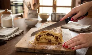 Mani con smalto rosso tagliano uno strudel di mele ripieno di mele, uvetta e pinoli su un tagliere di legno.