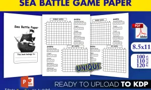 Páginas de juego hundir la flota en papel con cuadrículas para colocar barcos. Incluye diseño de barco pirata y texto "UNIQUE".