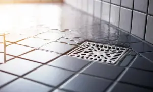 Acqua stagnante vicino allo scarico doccia puzza. Le piastrelle scure e bagnate creano un'atmosfera poco invitante.