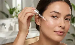 Una mujer aplica un suero con niacinamida, un ingrediente clave para combatir el acné, en su rostro.