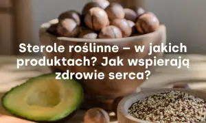 Awokado, orzechy i nasiona w drewnianych miseczkach.
