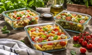 Tre insalate di pasta estiva colorate, con pomodorini, mozzarella e basilico, pronte per essere gustate all'aperto.