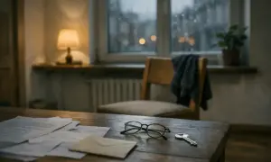 Na drewnianym stole leżą dokumenty, okulary i klucz. To miejsce, gdzie można dowiedzieć się, jak obliczyć zachowek.