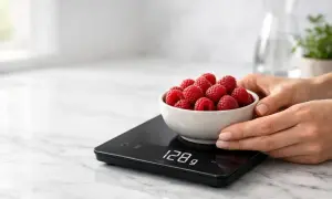 Mani che pesano lamponi su una bilancia digitale. La dieta sblocca peso con precisione.