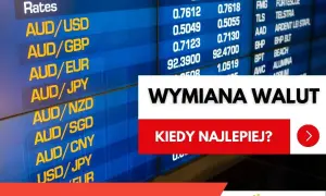 Tablica kursów walut, z napisem "WYMIANA WALUT". Zastanawiasz się, kiedy najlepiej wymienić tiền ba lan?