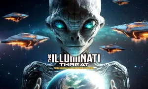 En utomjording med lysande ögon håller jorden, omgiven av rymdskepp. Texten "The Illuminati Threat" antyder en kommande film.
