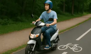 Ung man kör mopedbil på en cykelbana i skogen. Han har blå hjälm och jeans.