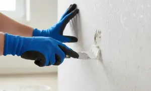 Mit blauen Handschuhen wird mit einer Spachtelmasse eine beschädigte Stelle an einer Raufasertapete ausgebessert.