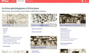 Page d'accueil de Filae, présentant les archives généalogiques : état civil, arbres, recensements et archives militaires.