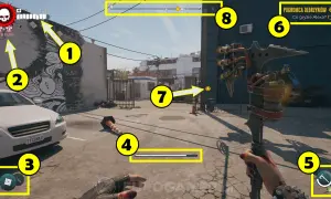 Poradnik Dead Island 2: wskaźniki zdrowia i furii (1, 2), przedmioty (3, 4, 5), cel misji (7), minimapa (8) i wskazówka "Pogromca Olbrzymów" (6).