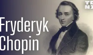 Portret Fryderyka Chopina, z napisem "Fryderyk Chopin" po lewej. Obraz zawiera informacje o jego życiu i twórczości.