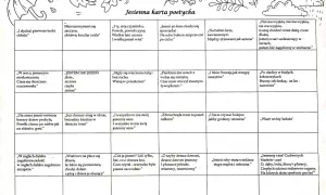 Jesienna karta poetycka pełna jesiennych metafor i środków stylistycznych. Wiersze opisują jesień, deszcz, liście i mgły.