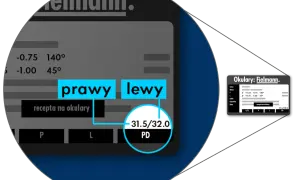 Fragment recepty okularowej z danymi: "prawy", "lewy", "31.5/32.0 PD".