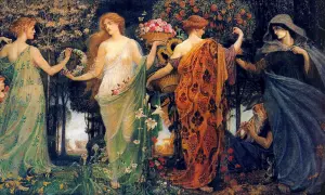 Quatre femmes, peut-être des filles de Zeus, dans un jardin luxuriant. L'une tient une couronne, une autre un panier de fleurs. Un vieil homme joue de la flûte.