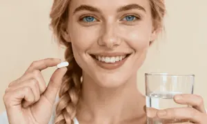 Uśmiechnięta blondynka z niebieskimi oczami trzyma białą kapsułkę i szklankę wody. Zastanawia się, **nac na co** ją przyjąć.