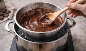 Une main remue du chocolat fondu dans un bol au-dessus d'une casserole d'eau bouillante, technique de cuisson bain-marie pour une texture parfaite.