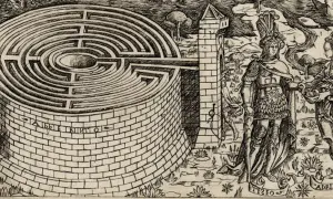 Un minotaure attend dans ce labyrinthe complexe. Thésée et Ariane se tiennent à proximité, prêts à affronter le monstre.