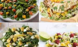 Cuatro ensaladas vibrantes: salmón y aguacate, calamar a la parrilla, queso y mango, y una refrescante ensalada de mango con frambuesas.