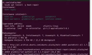 Terminal z instalacją pakietu boot-repair, który może pomóc w naprawie GRUB-a po instalacji Windows.