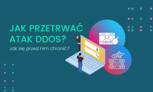 Ilustracja przedstawia laptopa z ikonami ataku DDoS i rakiety, symbolizującymi ochronę serwisu.
