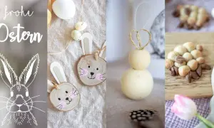 Frohe Ostern! Süße Oster-Bastelideen: Holzscheiben-Hasen, Filz-Osterhase und Schaf-Kekse.