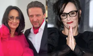 Anna Korcz z mężem na zdjęciu. Aktorka w różowej sukni i jej partner w garniturze z czerwoną apaszką.