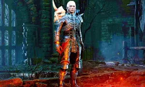 Mroczny nekromanta z Diablo 2, w zbroi z czaszką, gotowy do walki. Jego build opiera się na przywoływaniu armii nieumarłych.