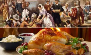 Una escena histórica de la celebración del **dia de accion de gracias en ingles** junto a un pavo asado y puré de patatas.