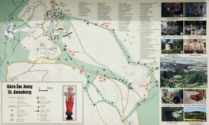 Mapa Góry Św. Anny z zaznaczonymi atrakcjami: bazylika, kaplice, grota, amfiteatr, muzeum.